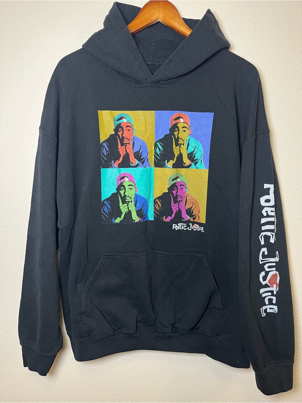 Black Graphic Pullover Hoodie with Color Block Portraits